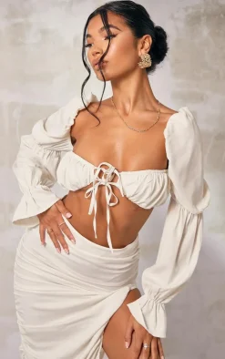 Clearance PrettyLittleThing Woven Cinched Puff Long Sleeve Tie Front Bralet Cream