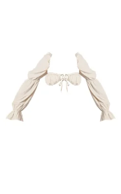 Clearance PrettyLittleThing Woven Cinched Puff Long Sleeve Tie Front Bralet Cream