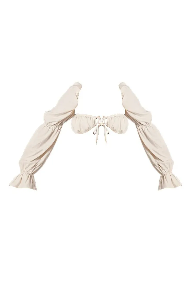 Clearance PrettyLittleThing Woven Cinched Puff Long Sleeve Tie Front Bralet Cream