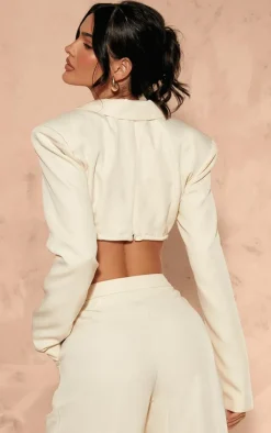 Hot PrettyLittleThing Woven Corset Under Wire Cropped Blazer Cream