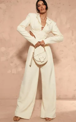 Hot PrettyLittleThing Woven Corset Under Wire Cropped Blazer Cream