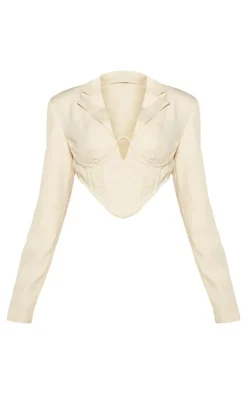 Hot PrettyLittleThing Woven Corset Under Wire Cropped Blazer Cream