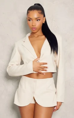 Hot PrettyLittleThing Woven Cropped Blazer Cream