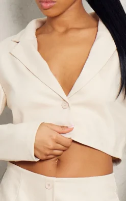 Hot PrettyLittleThing Woven Cropped Blazer Cream