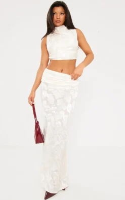 Discount PrettyLittleThing Woven Floral Low Rise Fishtail Maxi Skirt Cream