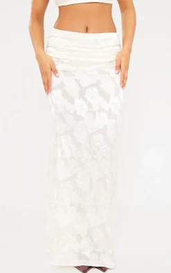 Discount PrettyLittleThing Woven Floral Low Rise Fishtail Maxi Skirt Cream