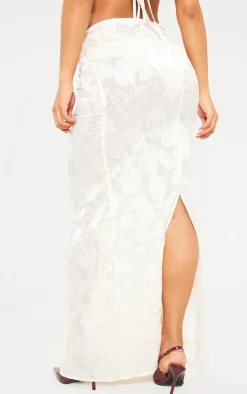 Discount PrettyLittleThing Woven Floral Low Rise Fishtail Maxi Skirt Cream
