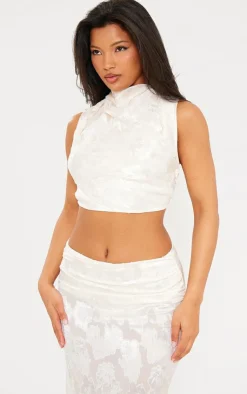 Discount PrettyLittleThing Woven Floral Low Rise Fishtail Maxi Skirt Cream