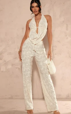 Online PrettyLittleThing Woven Floral Mid Rise Wide Leg Pants Cream