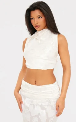 Best PrettyLittleThing Woven Floral Sleeveless Tie Back Crop Top Cream