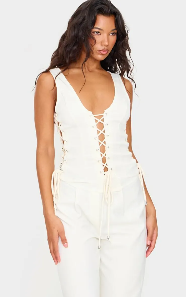 PrettyLittleThing Sleeveless Tops*Woven Lace Up Detail Plunge Sleeveless Top