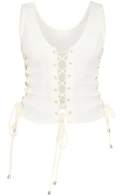 PrettyLittleThing Sleeveless Tops*Woven Lace Up Detail Plunge Sleeveless Top