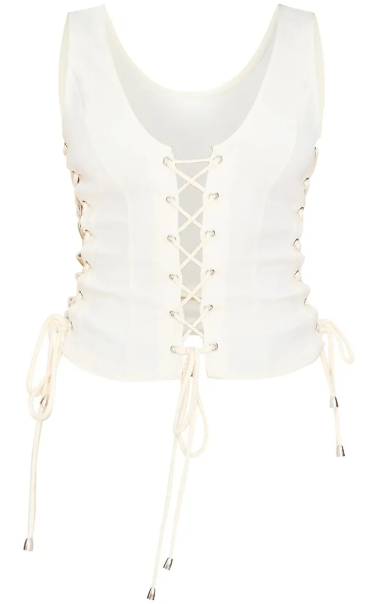PrettyLittleThing Sleeveless Tops*Woven Lace Up Detail Plunge Sleeveless Top