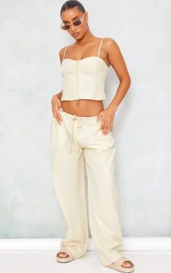 Online PrettyLittleThing Woven Low Rise Drawstring Wide Leg Pants Cream