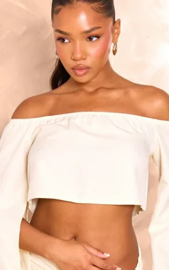 Hot PrettyLittleThing Woven Off The Shoulder Split Sleeve Top Cream