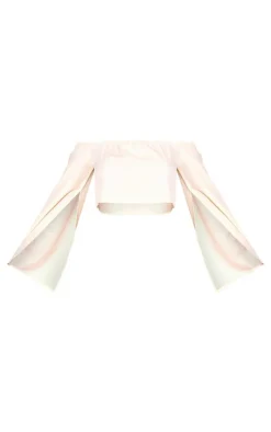 Hot PrettyLittleThing Woven Off The Shoulder Split Sleeve Top Cream