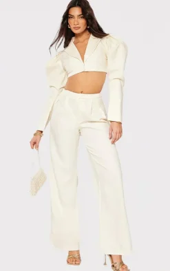 Hot PrettyLittleThing Woven Pleated Mid Rise Wide Leg Pants Cream