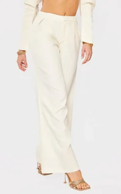 Hot PrettyLittleThing Woven Pleated Mid Rise Wide Leg Pants Cream