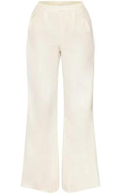 Hot PrettyLittleThing Woven Pleated Mid Rise Wide Leg Pants Cream
