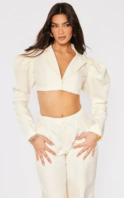 New PrettyLittleThing Woven Puff Sleeve Cropped Blazer Cream
