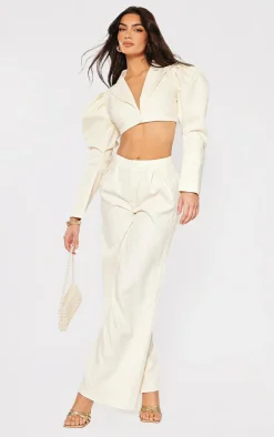 New PrettyLittleThing Woven Puff Sleeve Cropped Blazer Cream