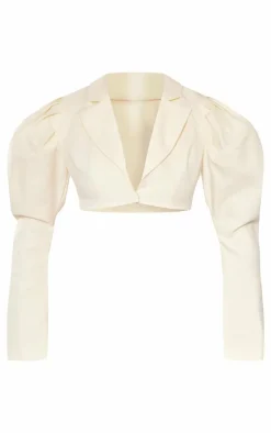 New PrettyLittleThing Woven Puff Sleeve Cropped Blazer Cream