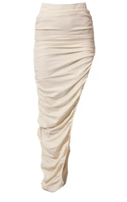 New PrettyLittleThing Woven Ruched Side Detail Split Leg Midaxi Skirt Cream