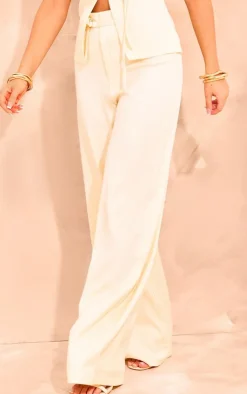 PrettyLittleThing Woven Tailored Belt Detail Wide Leg Pants Cream