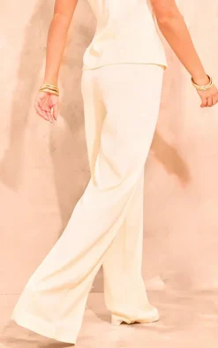 PrettyLittleThing Woven Tailored Belt Detail Wide Leg Pants Cream