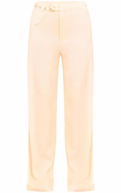 PrettyLittleThing Woven Tailored Belt Detail Wide Leg Pants Cream