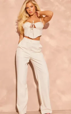PrettyLittleThing Woven Tailored Mid Rise Wide Leg Pants Cream