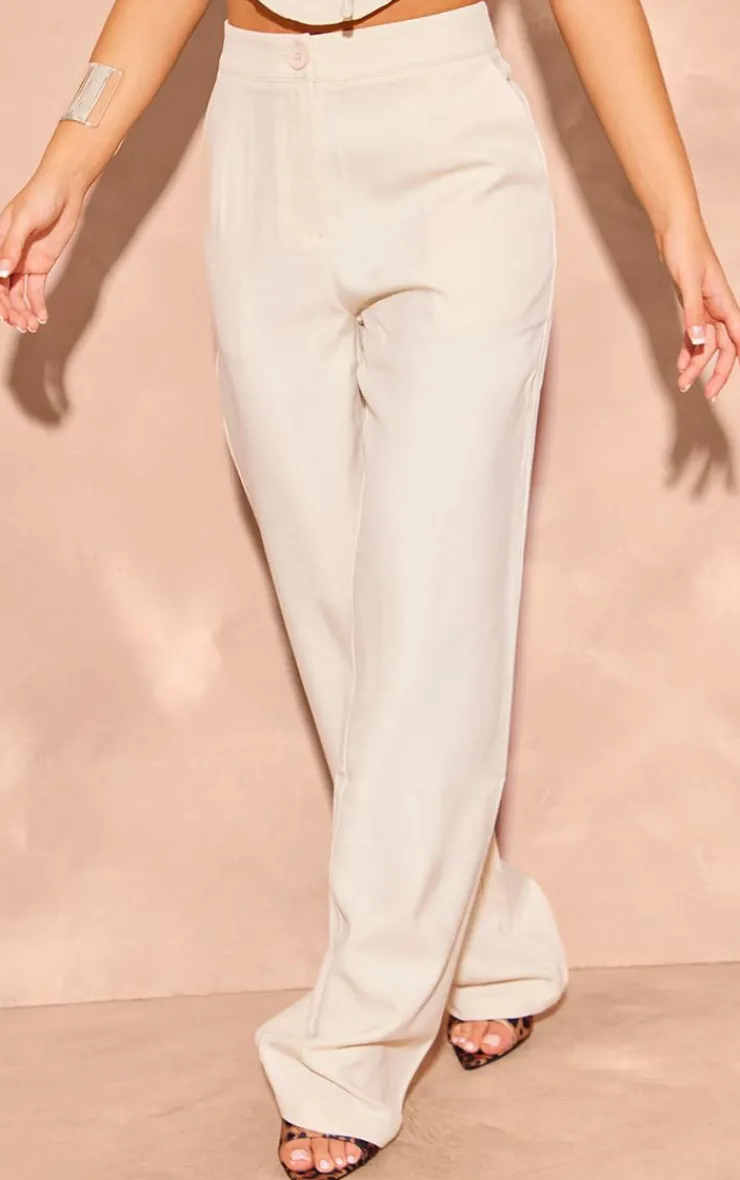 PrettyLittleThing Woven Tailored Mid Rise Wide Leg Pants Cream