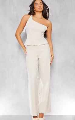 New PrettyLittleThing Woven Tailored Wide Leg Belt Detail Pants Cream