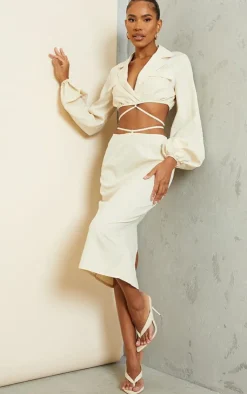 PrettyLittleThing Woven Tie Waist Midi Skirt Cream