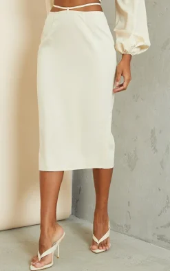 PrettyLittleThing Woven Tie Waist Midi Skirt Cream