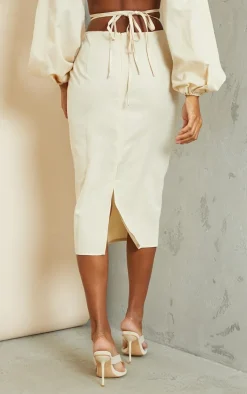 PrettyLittleThing Woven Tie Waist Midi Skirt Cream