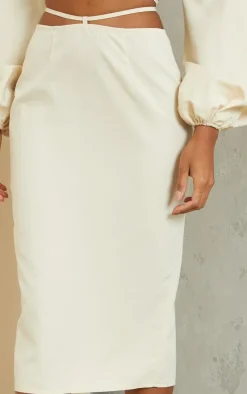 PrettyLittleThing Woven Tie Waist Midi Skirt Cream