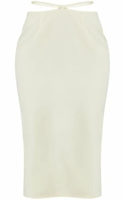 PrettyLittleThing Woven Tie Waist Midi Skirt Cream