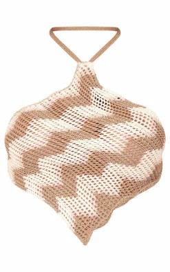 PrettyLittleThing Zigzag Knit Tie Neck Bralet Cream