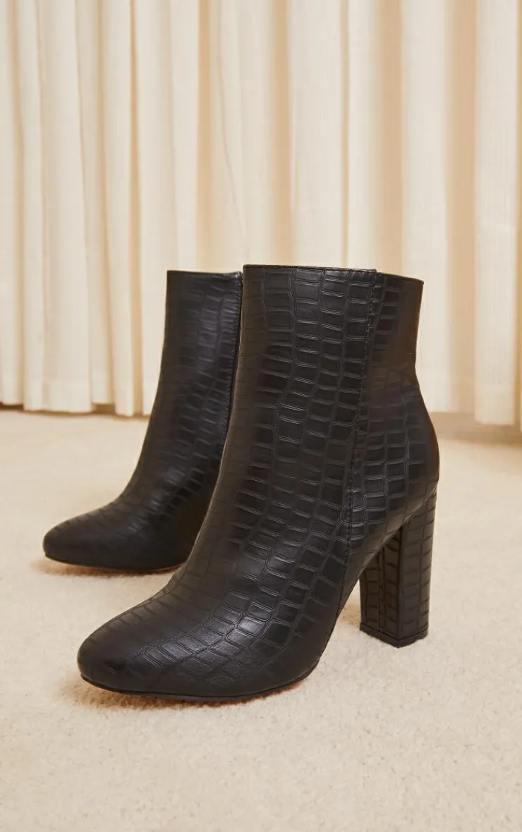 PrettyLittleThing Wide Fit Heels*Croc Wide Fit Behati Block Heeled Ankle Boot