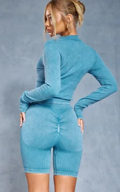 PrettyLittleThing Athletic Jackets*Acid Wash Seamless Ribbed Zip Up Cropped Sports Jacket
