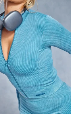 PrettyLittleThing Athletic Jackets*Acid Wash Seamless Ribbed Zip Up Cropped Sports Jacket