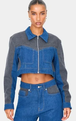 Online PrettyLittleThing And Black Contrast Panel Cropped Denim Jacket Dark Blue