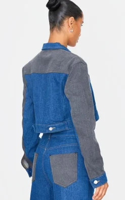Online PrettyLittleThing And Black Contrast Panel Cropped Denim Jacket Dark Blue