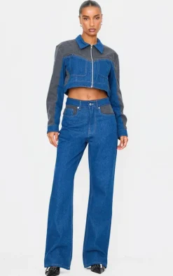 Online PrettyLittleThing And Black Contrast Panel Cropped Denim Jacket Dark Blue