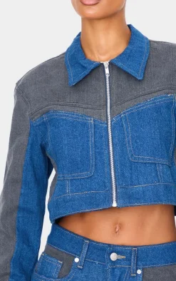 Online PrettyLittleThing And Black Contrast Panel Cropped Denim Jacket Dark Blue