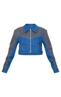 Online PrettyLittleThing And Black Contrast Panel Cropped Denim Jacket Dark Blue