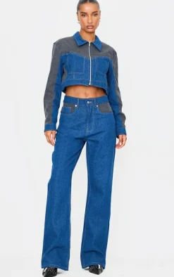 Sale PrettyLittleThing And Black Contrast Panel Wide Leg Jeans Dark Blue