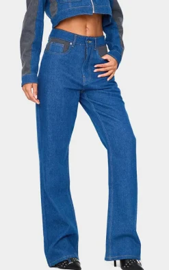 Sale PrettyLittleThing And Black Contrast Panel Wide Leg Jeans Dark Blue
