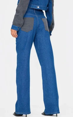 Sale PrettyLittleThing And Black Contrast Panel Wide Leg Jeans Dark Blue